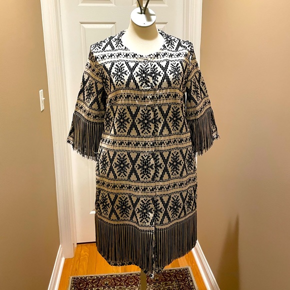 Didier Parakian Womens Black and Beige Patterned Long Blazer Jacket - Picture 1 of 12